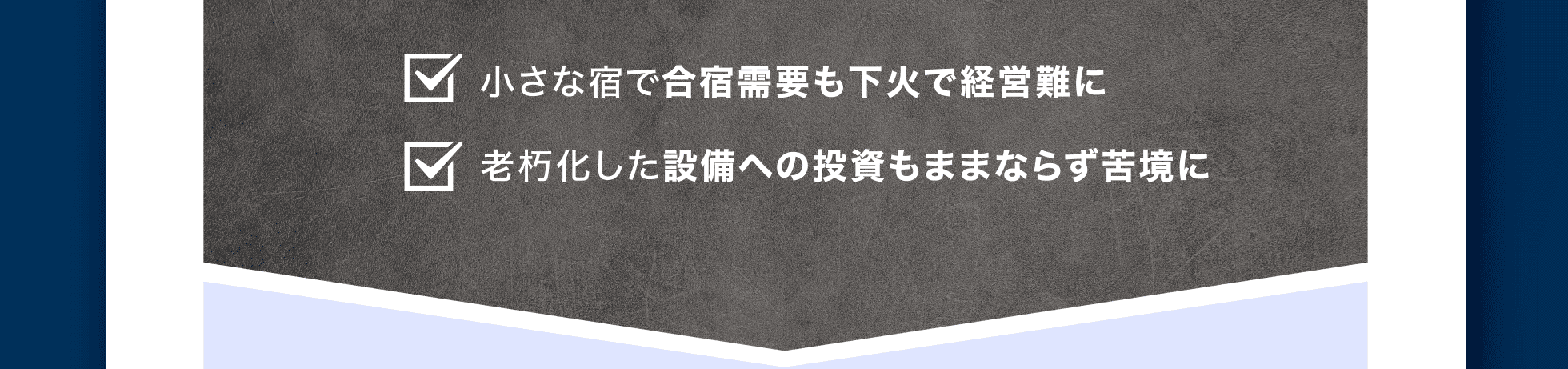 1.小さな宿で合宿需要も下火で経営難に、2.老朽化した設備への投資もままならず苦境に
