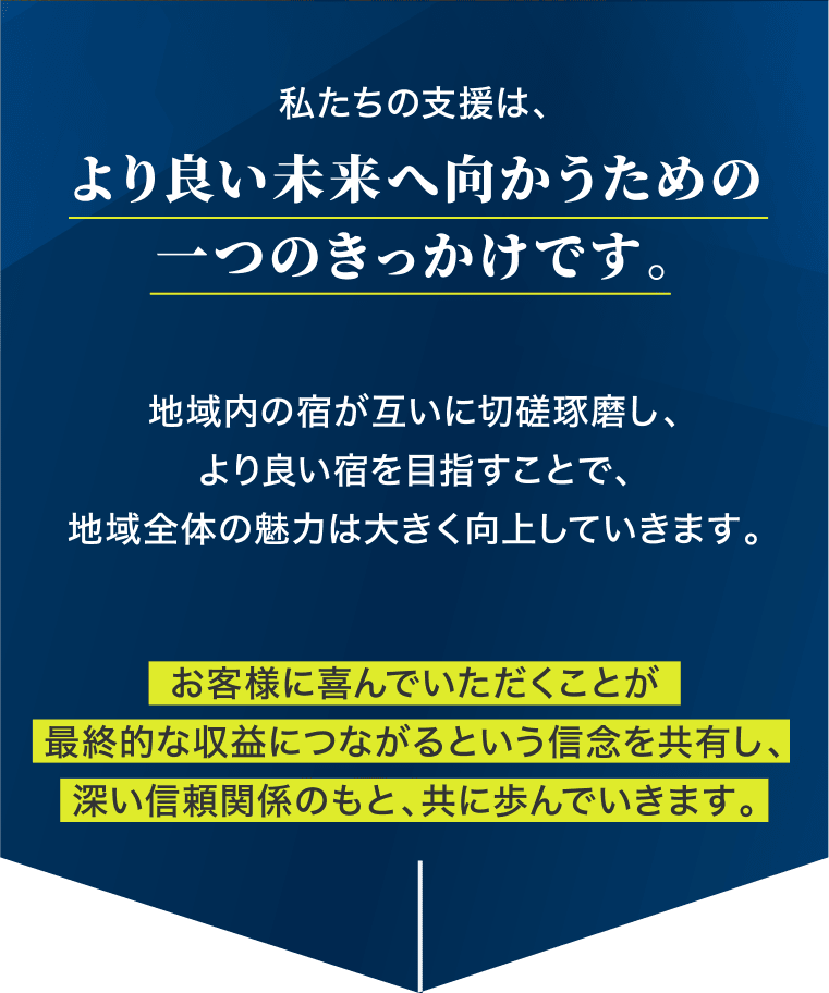 私たちの支援は、より良い未来へ向かうための一つのきっかけです。地域内の宿が互いに切磋琢磨し、より良い宿を目指すことで、地域全体の魅力は大きく向上していきます。お客様に喜んでいただくことが最終的な収益につながるという信念を共有し、深い信頼関係のもと、共に歩んでいきます。