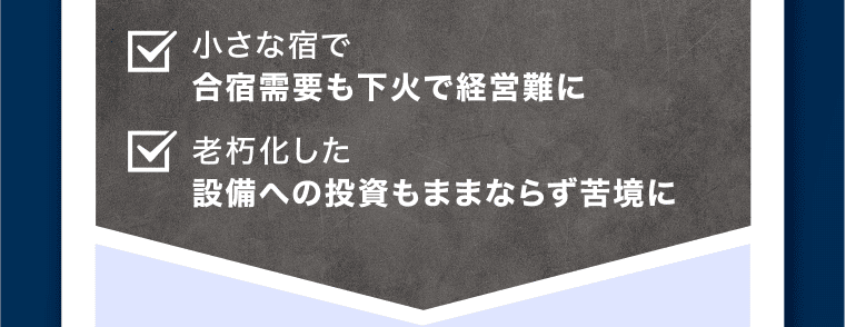 1.小さな宿で合宿需要も下火で経営難に、2.老朽化した設備への投資もままならず苦境に